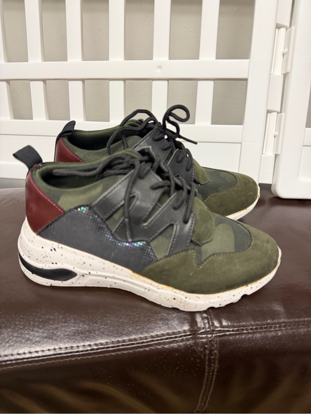 Time and Tru Olive Green and Black Lace-Up Sneakers with Burgundy Heel Accent